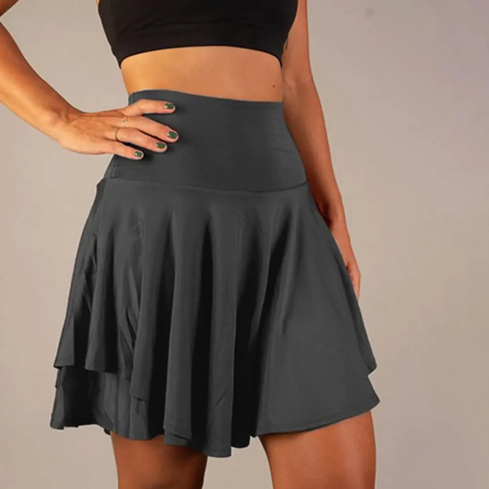 

Women Mini Skirt Anti-exposure Double Layers Sports Skirt High Waist Wide Band Fitness Skirt Tummy Control Cheering Dance Skirt