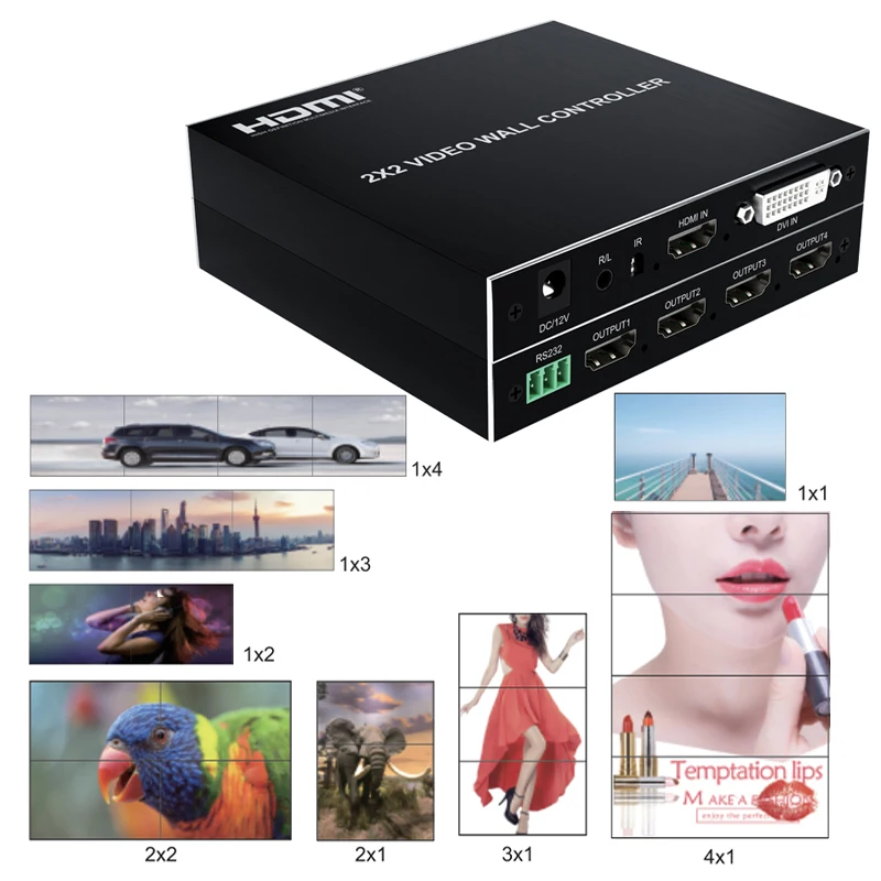 

Контроллер видеостены, 2x2, для ТВ, 1x2, 1x3, 1x4, 2x1, 3x1, 4x1, HDMI, с регулировкой краев