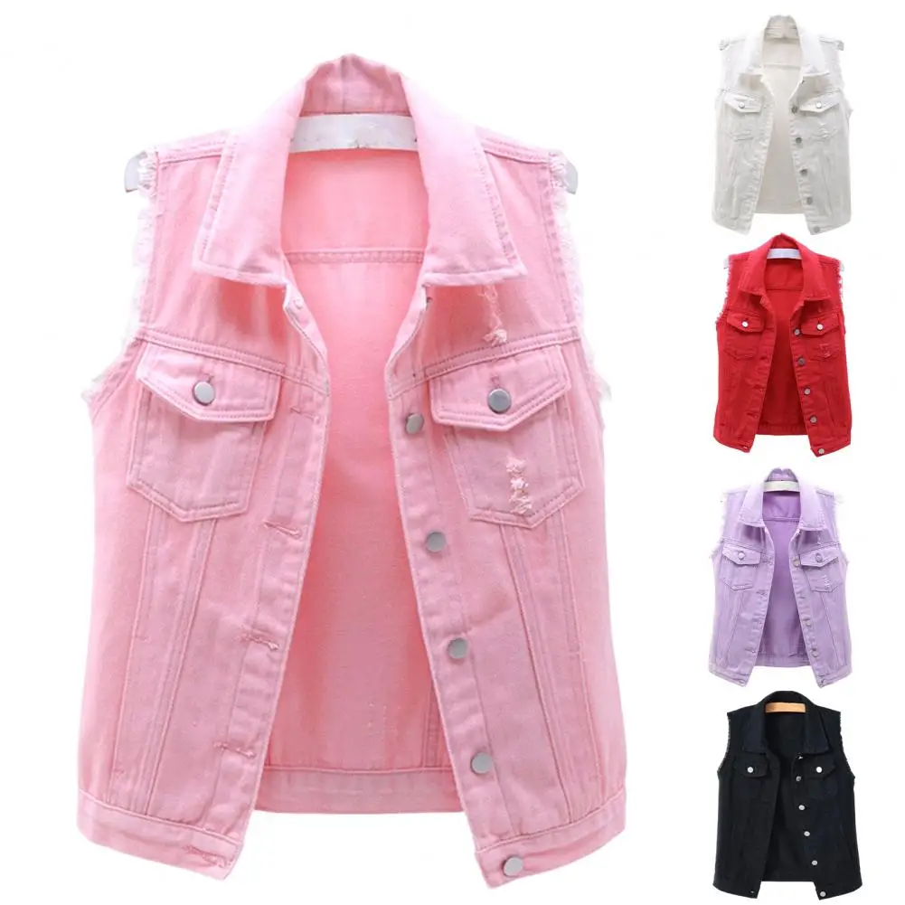 

M-4XL Women Denim Vest Coat Lapel Sleeveless Single Breasted Flap Pockets Candy Color Ripped Holes Jean Waistcoat Streetwear