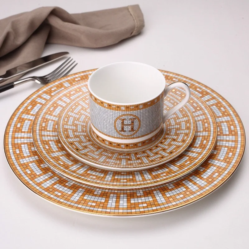 

Charger Plate Yellow Grid Dinnerware Plate Set Serving Dish Luxury New Ceramic Dinner Plates Geometric Pattern Ceramic Dish