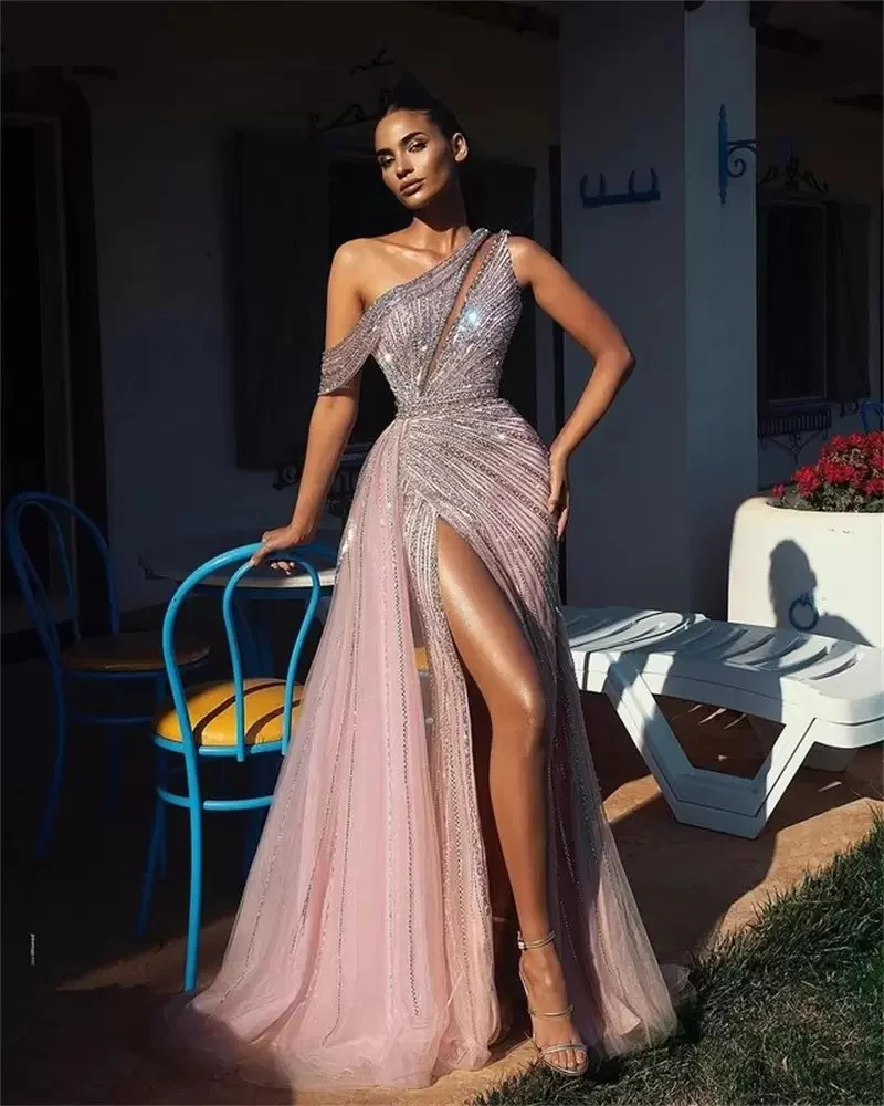 

Shiny Prom Dress Sleeveless OneShoulder V Neck Appliques Sequins Bridal Gowns Lace Side Slit Plus Size Vestido De Novia