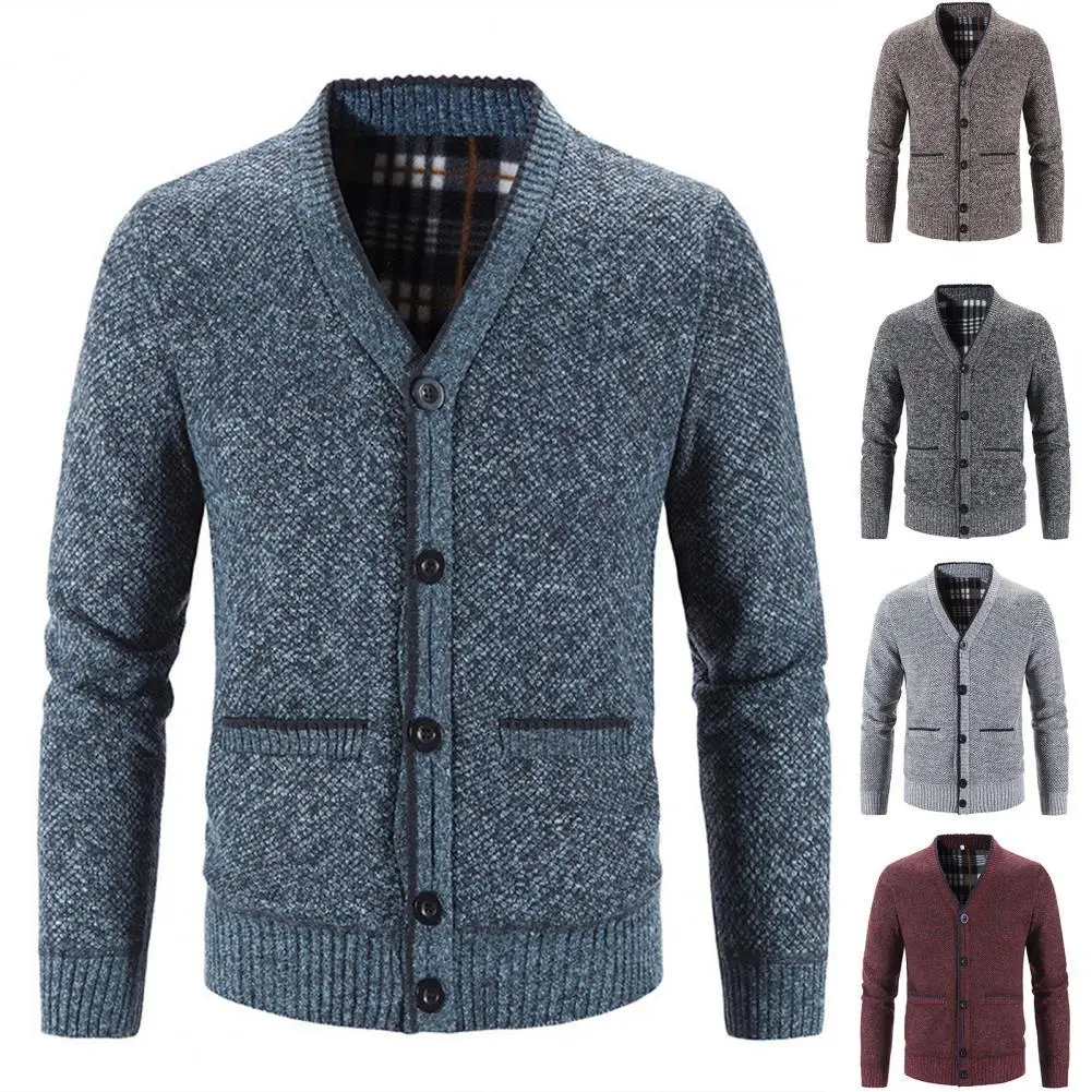 

Brand Men Knitted Coat Solid Color V Neck Autumn Winter Fashion Thicken Plush Warm Cardigan Sweater for Outdoor Daily Wear 2021