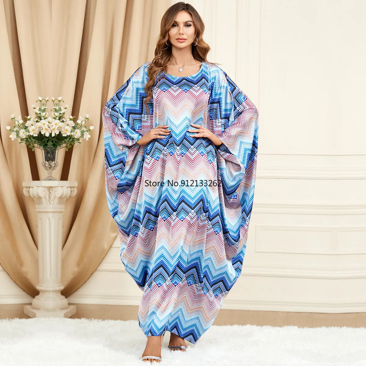 Maxi Dresses for Women 2023 Summer Fashion Style Blue Muslim Women Long Sleeve O-neck Polyester Long Abaya Muslim Dresses