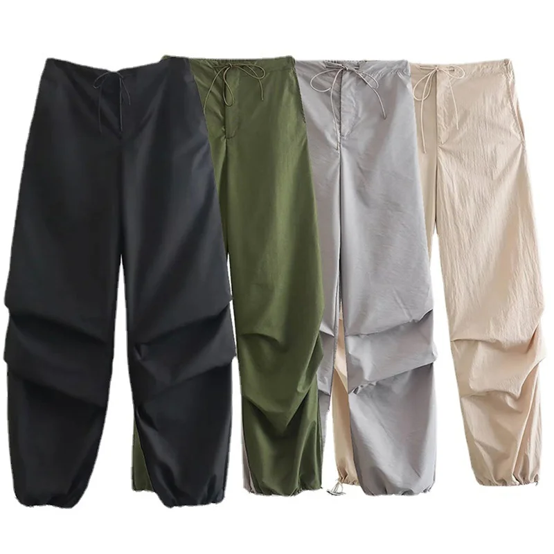 

Женские Модные парашютные брюки, повседневные однотонные мешковатые брюки с заниженной талией, женские винтажные брюки-карго с высокой эластичной талией