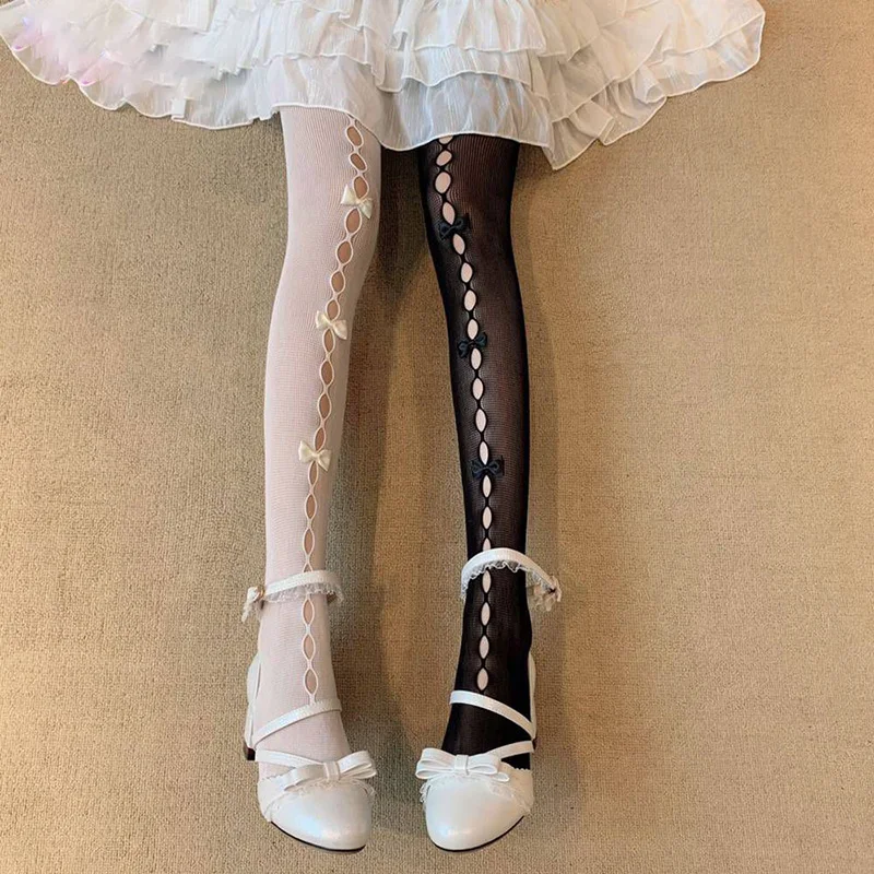 Japanese Lolita Kawaii Women Stockings Hollow Out Hole Fishnet Pantyhose Sweet Handmade Bowknot socks Stretch Tights Stockings