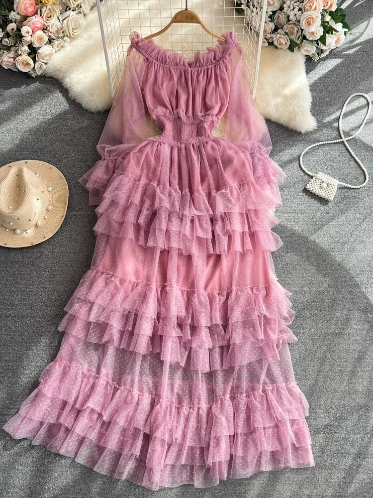 

Новое Женское милое Сетчатое платье с открытыми плечами, летние облегающие многослойные платья-трапеции с оборками, элегантное Модное Длинное Платье