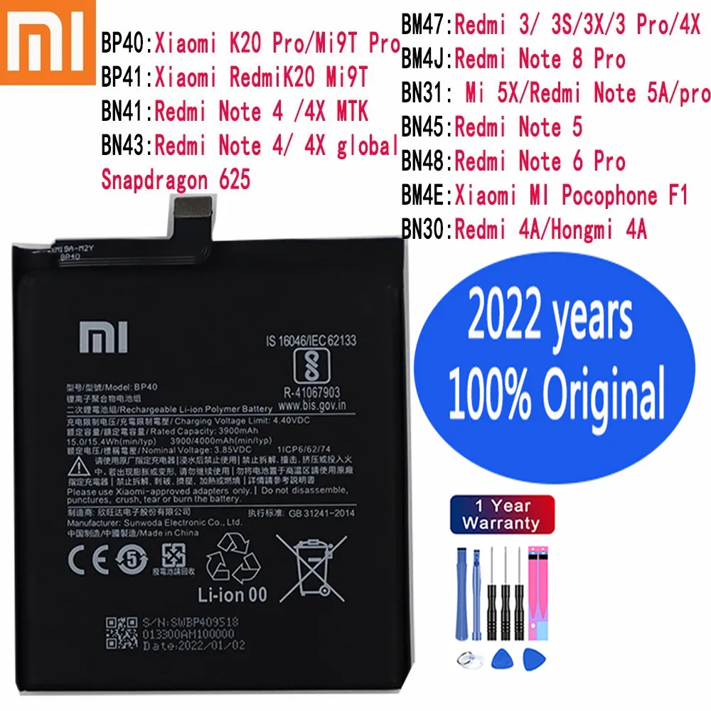 100% Оригинальный аккумулятор для Xiaomi K20 Pro Mi9T Redmi 3 3S 4A Note 5 6 8 Mi 5X MI Pocophone F1 4/4X |