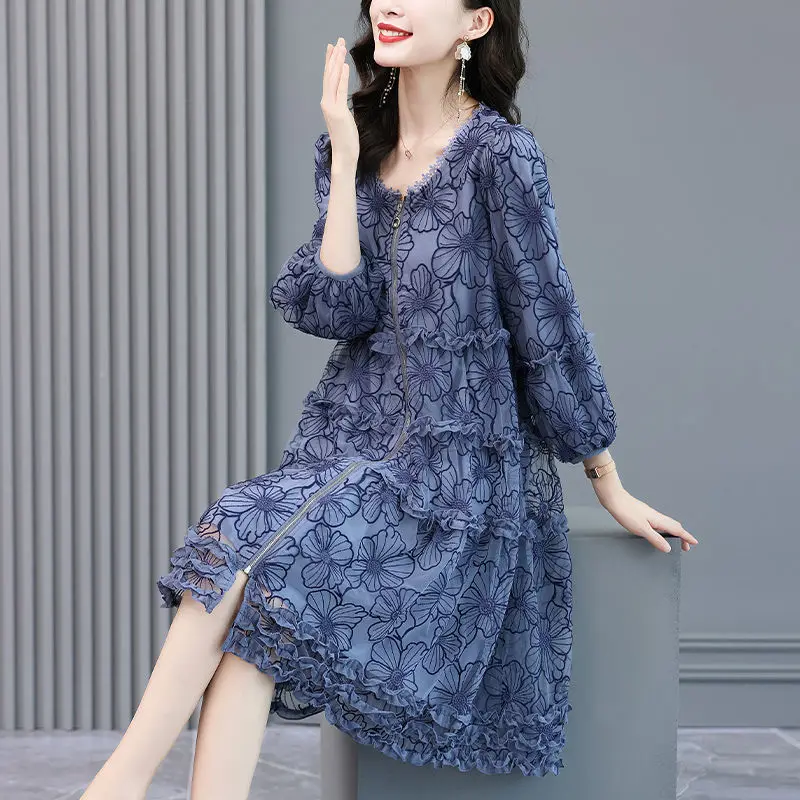 

Spring dress casual women's 2022 new noble dress large size heavy anti-embroidery broad wife age-proof slim o neck dress