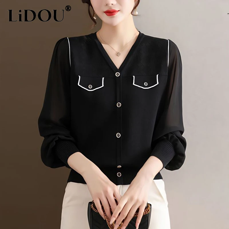 

Spring Autumn V-neck Simple Fashion Buttons Cardigan Sweater Women Loose Casual All-match Knitted Coat Female Lace Patchwork Top