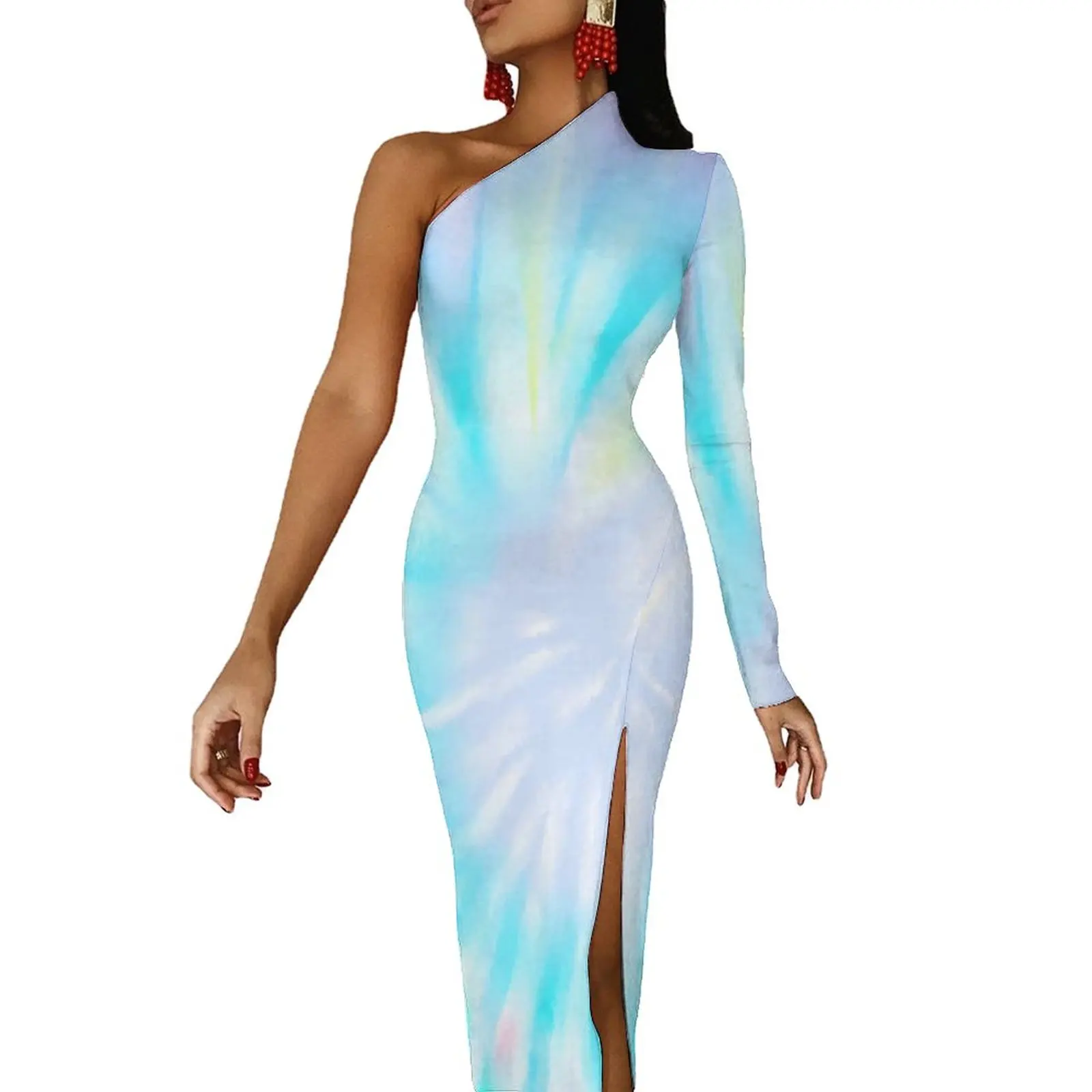 

Платье-макси на одно плечо, с радужным принтом