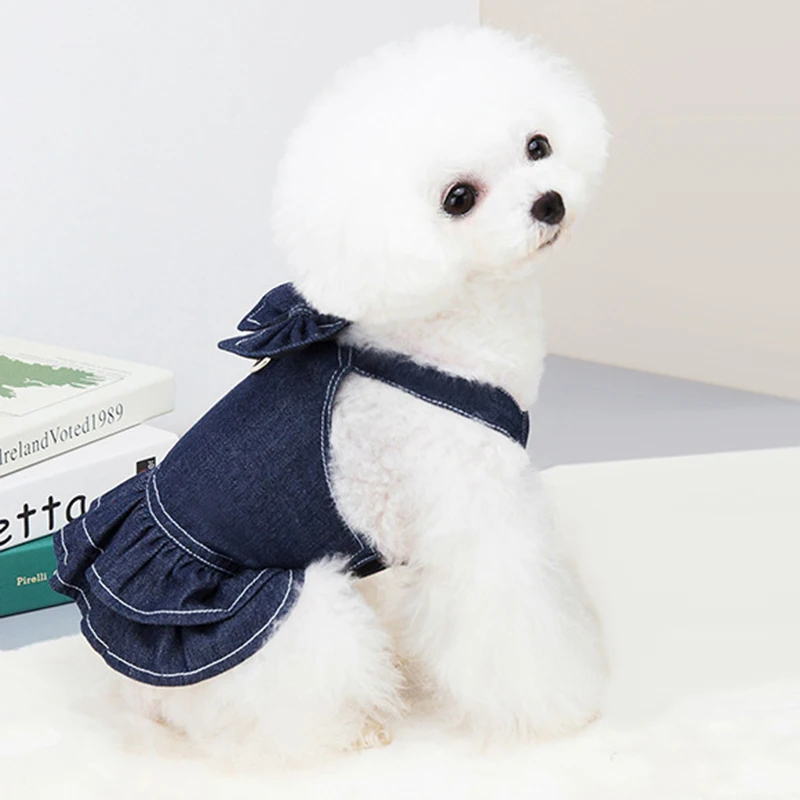 

Summer Pet Clothes Big Bow Tie Denim Suit can be Hung with Leash Pomeranian Pet Dog Pet Clothes Big Bow Tie Denim Suit