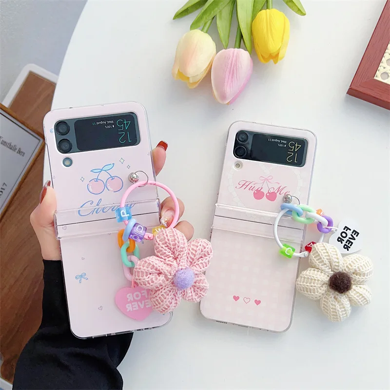

Lovely Pink Cherry Phone Case with Flower Pendant for Samsung Galaxy Z Flip 4 3 Hard Cover for ZFlip3 Zflip4 Solid Shell Bracket