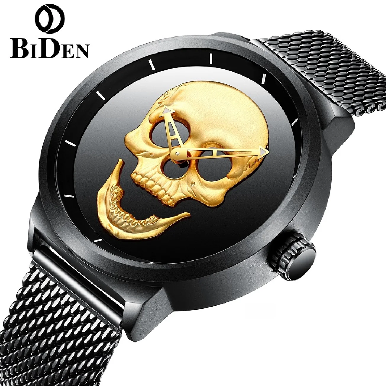 

BIDEN Original 3D Caved Ghost Dial Men Waterproof Steel Stainless Quartz Clock Relogio Masculino Watch Male Steampunk Wristwatch