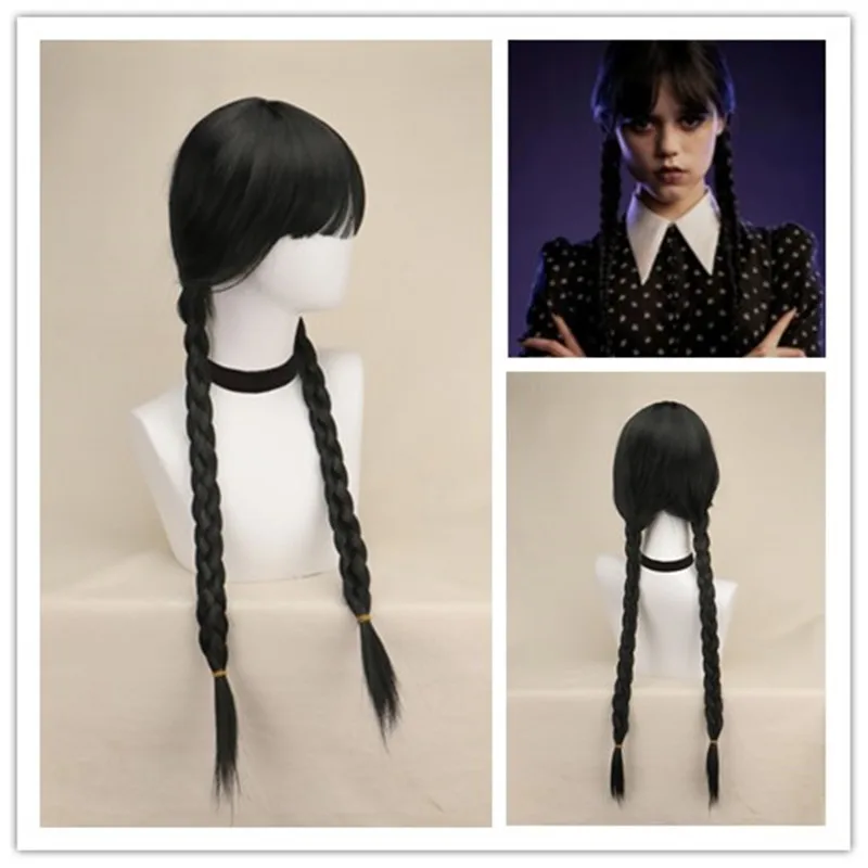 

Movie wednesday addams Cosplay Wig Black Braids Synthetic Hair Pelucas Halloween Costum Wednesday Cosplay