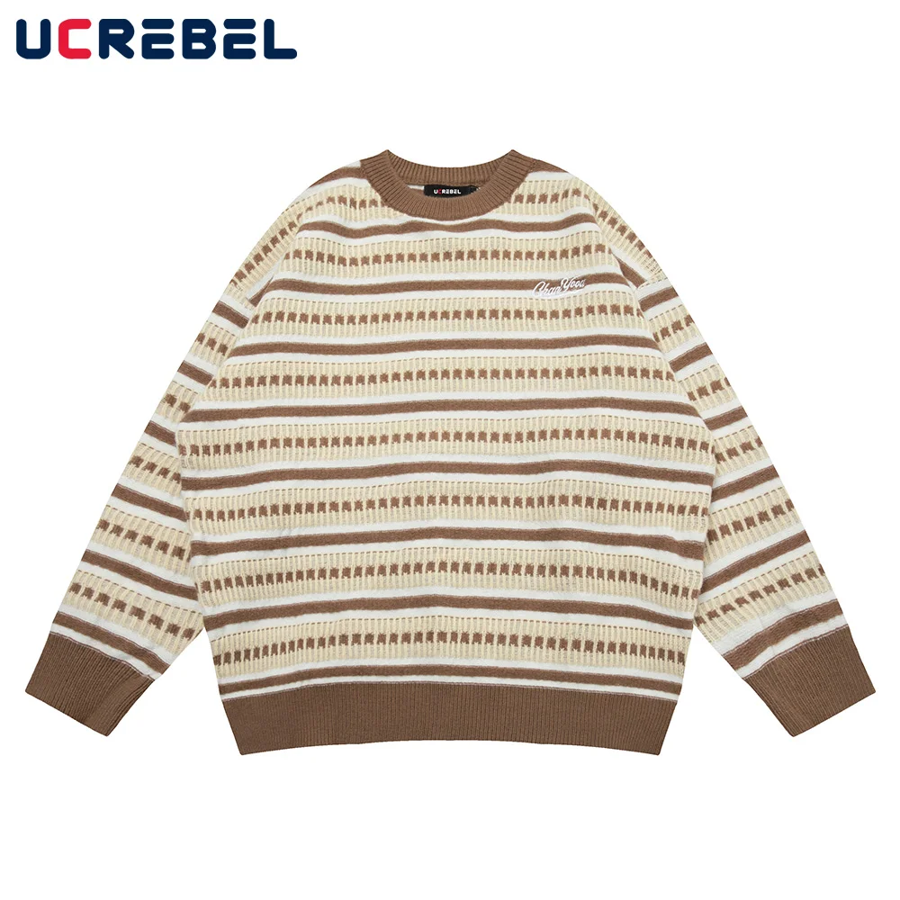 

Contrast Paneled Sweater Mens Letter Embroidery Knitted Sweater Autumn Winter Streetwear Loose Casual Dome Long Sleeve Pullover