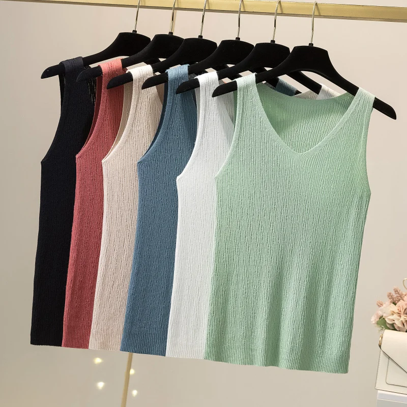 

Ice Silk Knitted Suspender Vest Women's Summer Wear 2021 New V-Neck Bottomed Shirt Inside With Sleeveless T-Shirt Outside