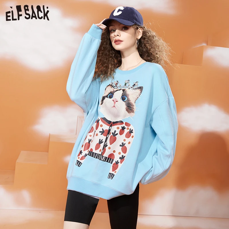 ELFSACK Printed Hoodies Women 2023 Spring Mid-length Long Sleeve Casual Tops