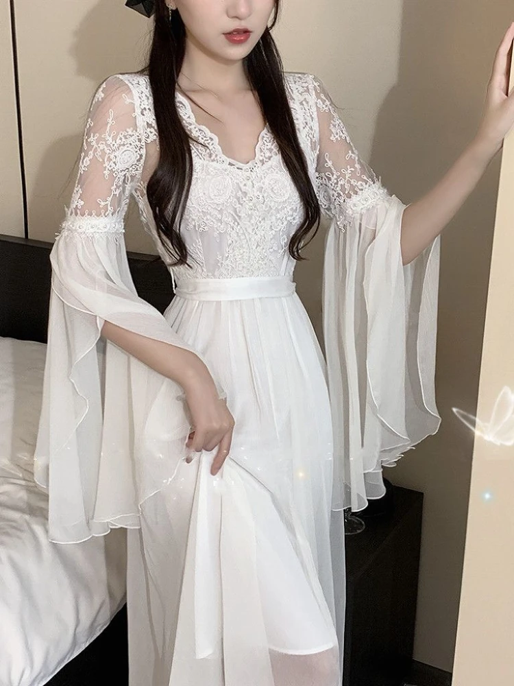 

Женское белое платье в стиле ретро, корейское Элегантное летнее шифоновое кружевное сказочное платье миди в винтажном стиле принцессы, новое мягкое вечернее платье из искусственной кожи