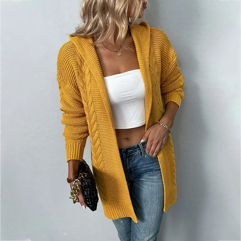 Autumn and winter new solid color hooded fried dough twist knitwear cardigan sweater women's coat