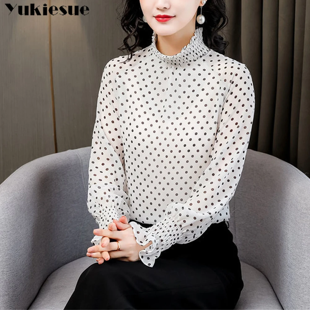 Блузка женская шифоновая в горошек элегантная рубашка с длинным рукавом топ на