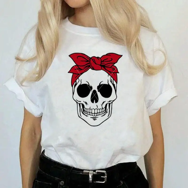

Модная футболка с принтом черепа, женские топы, забавная летняя футболка с коротким рукавом, Женская Повседневная футболка размера плюс ...