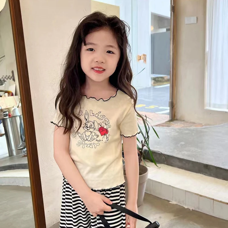 

MIDODO 2022 Summer Girls Cute Cartoon Rabbit Short-sleeve T-shirt Children Casual Stringy Selvedge Tee Top Kids Clothes