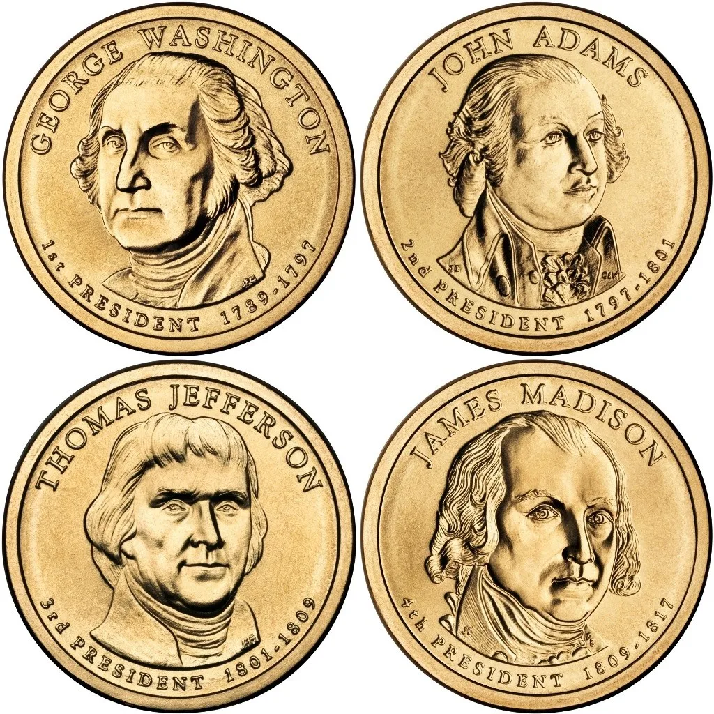 

The First Four Presidents of United States 2007 US $1 Copper Commemorative Coin Set Four Full-Volume Split Coins UNC Original