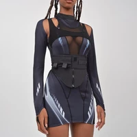 2022 spring new style womens fashion sports style round neck mesh splicing design sense dress two piece set