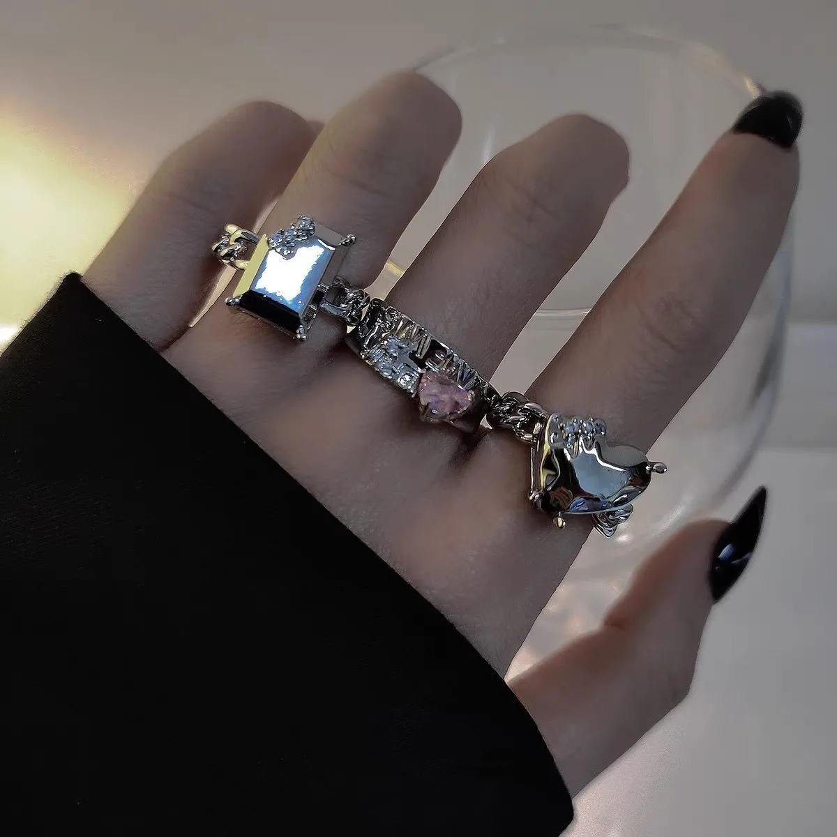 

Broken Metal Gemstone Pink Zircon Heart Cross Punk Opening Rings 2022 Trend For Egirl Women Y2K Fashion Jewelry
