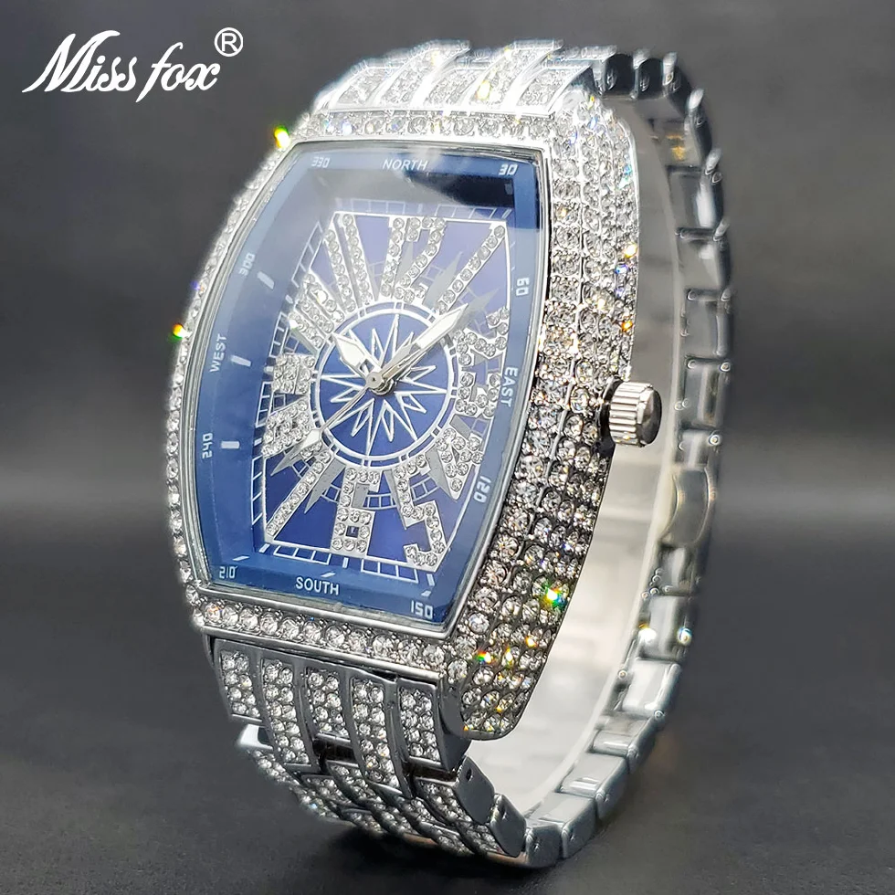 

Iced Out Watch For Men Big Wrist Full Diamond Quartz Watches Men's 55mm Blue Face Hip Hop Accessories Waterproof Reloj Hombre