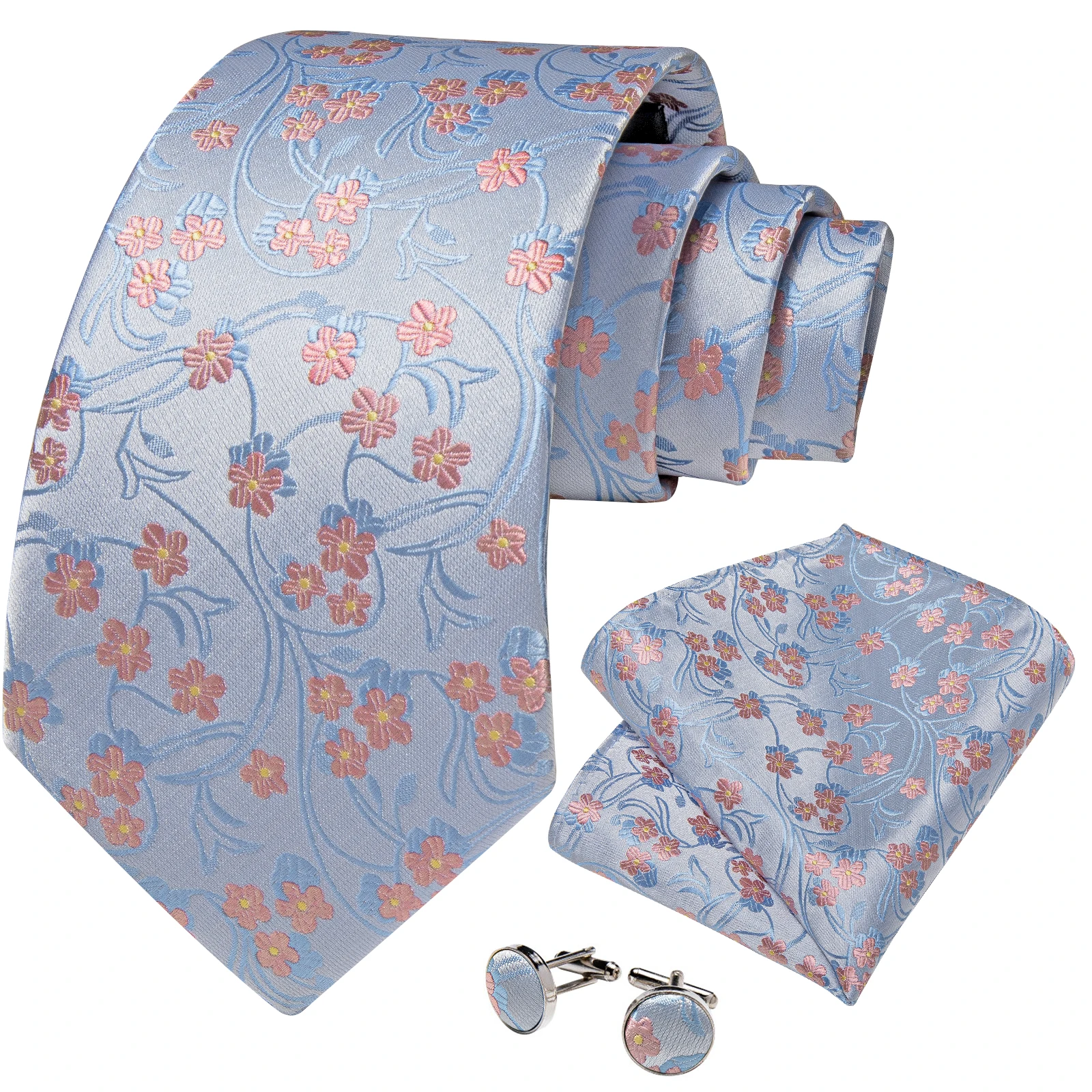 

Light Blue Pink Floral Men's Ties 8cm Width Business Wedding Party Neck Tie Handkerchief Cufflinks Accessories Gift Dropshipping