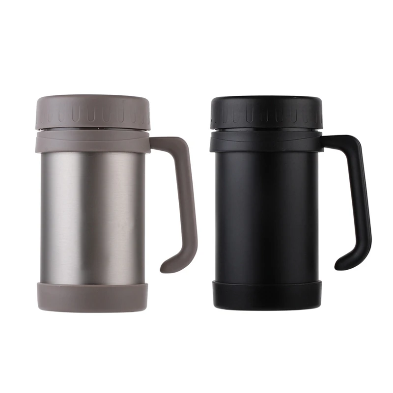 

2Pcs 500Ml/17Oz Thermo Mug Stainless Steel Vacuum Flasks With Handle Thermo Cup Office Thermoses - Black & Grey