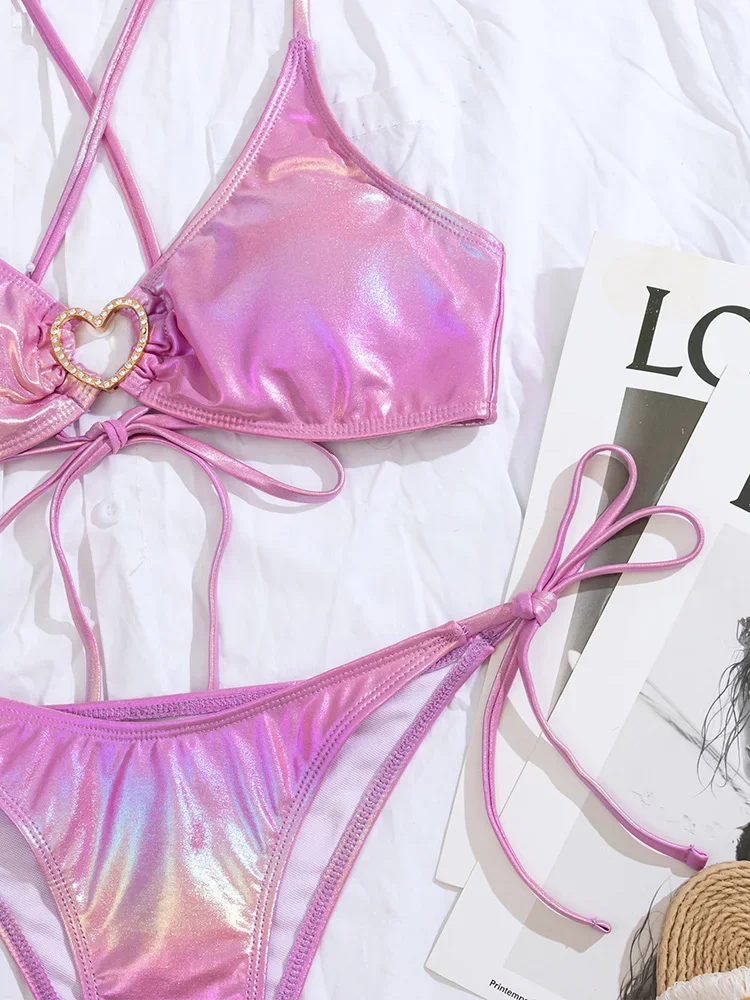 Блестящие бикини из искусственной кожи с сердечком и бриллиантами женский