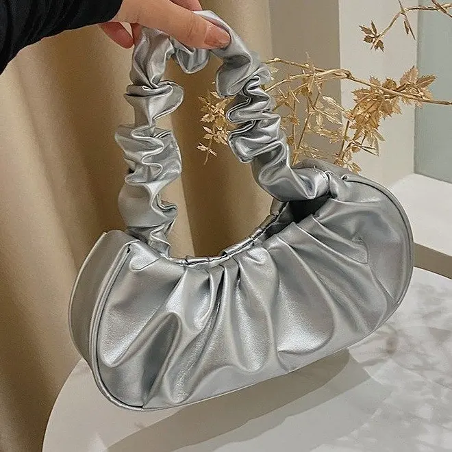 

2023 Solid Color Cloud Pleated Handlebags for Women PU Bags Leisure Armpit Bag Shopping Shoulder Bags Dumpling Handbag Female
