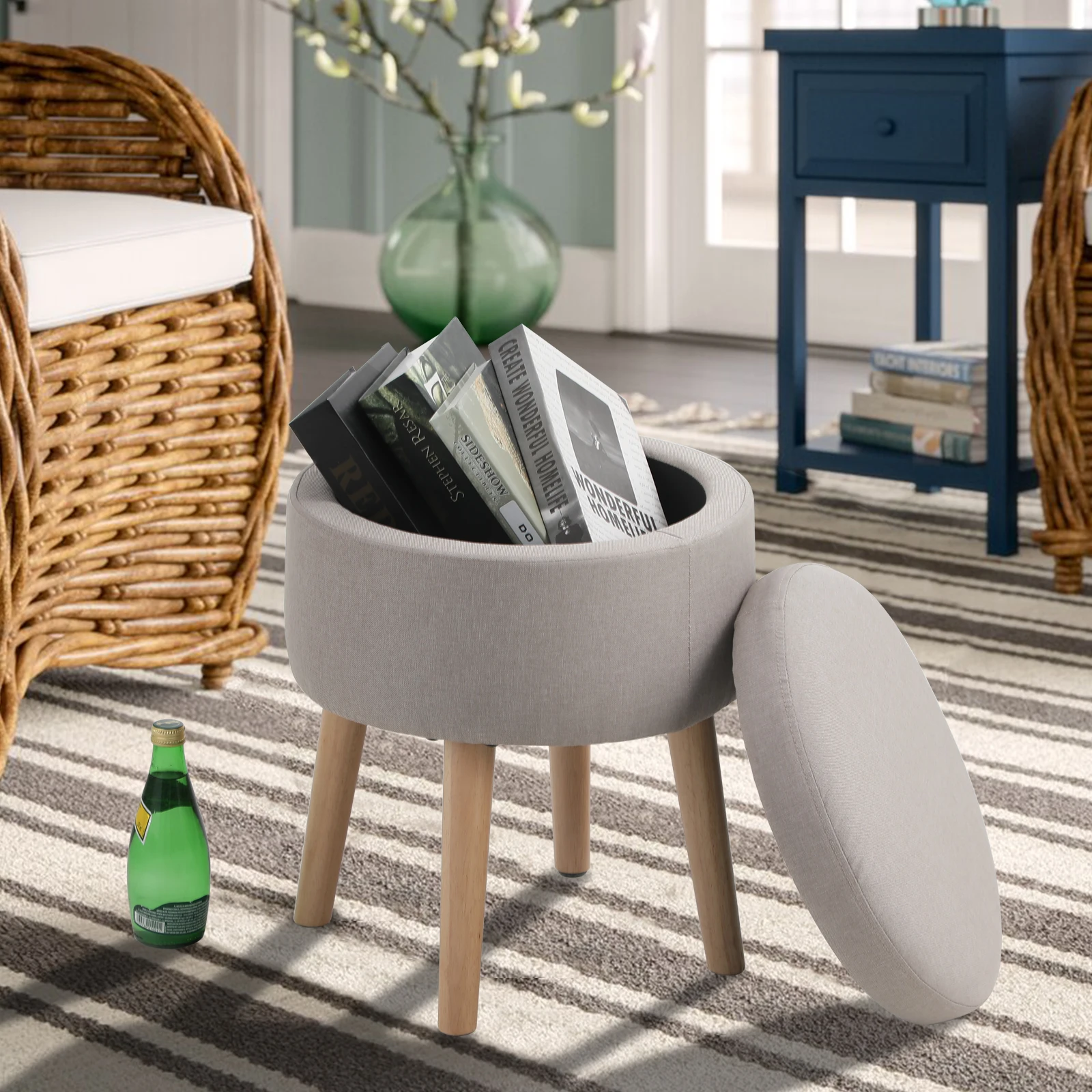 

free shipping Round Storage Ottoman Shoe Change Footrest Stool with Removable Lid Tufted Vanity Dressing Chair Line Fabric Side