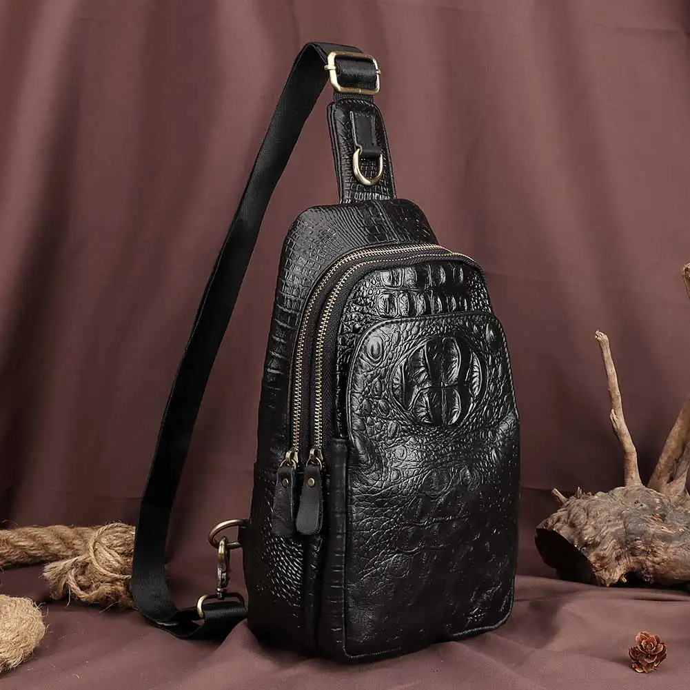 Cowhide Luxury Men's Chest Packs Crocodile Grain Design Crossbody Bag Male Fashion Shoulder Bags High Quality Travel Bag for Men