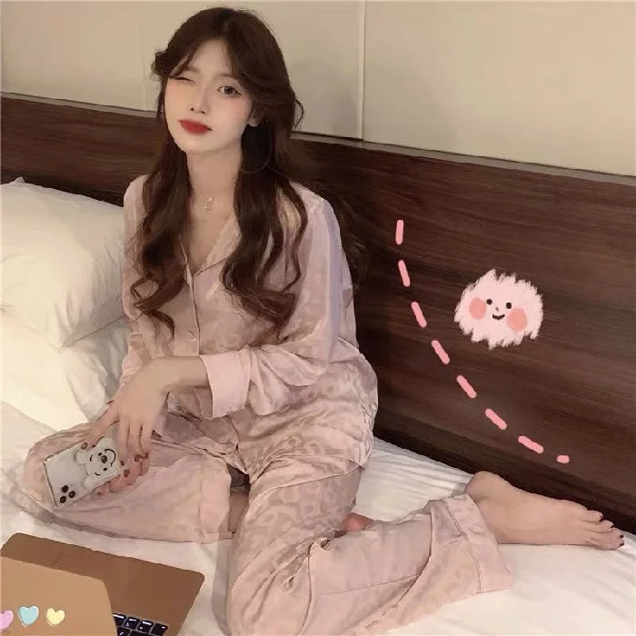2 Pcs Silk Sleepwear Spring Long Sleeve Leopard Print Korea Style Pajamas Satin Homewear Comfortable Pyjama For Female 2022