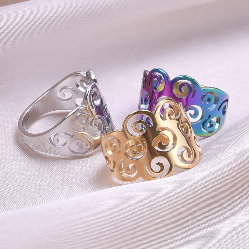 

Vintage Hollow Flower Filament Rings for Women Stainless Steel Geometric Wide Finger Rings Jewelry Birthday Gifts Anillos Mujer