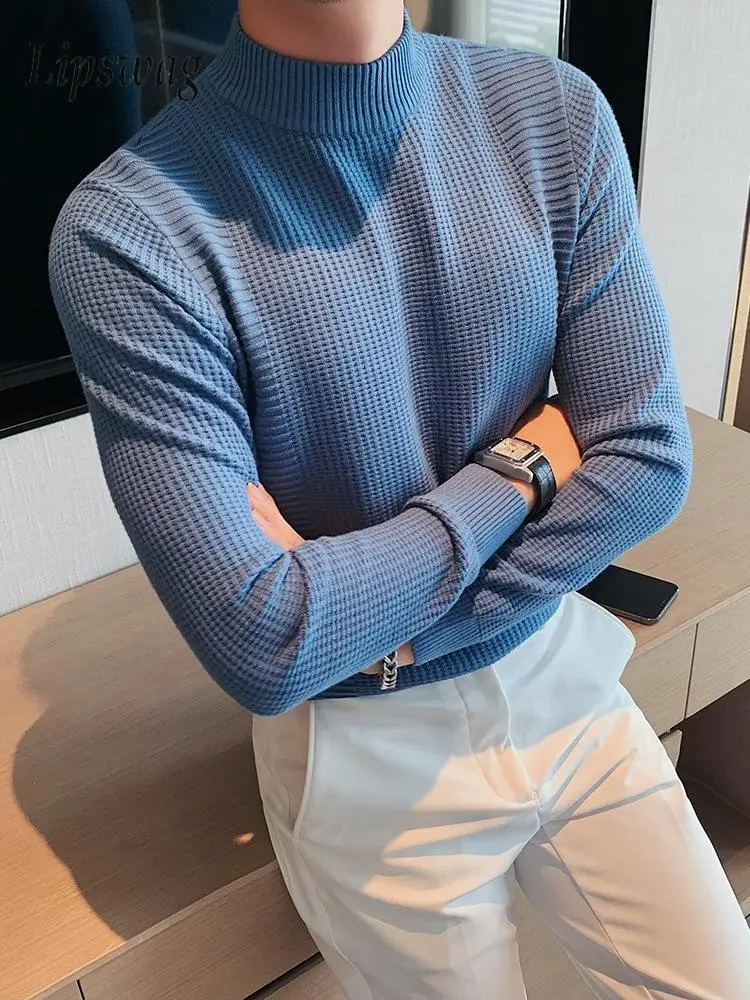 

Stretch Slim Knitted Sweater Mens Casual Solid Color Plain Bottoming Pullover Tops Turtleneck Long Sleeve Men Fall Knit Sweaters