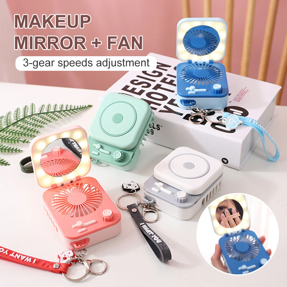 

Portable Folding Makeup Mirror With Fan USB Rechargeable LED Beauty Mirror And Mini Handheld Fan Makeup Tool