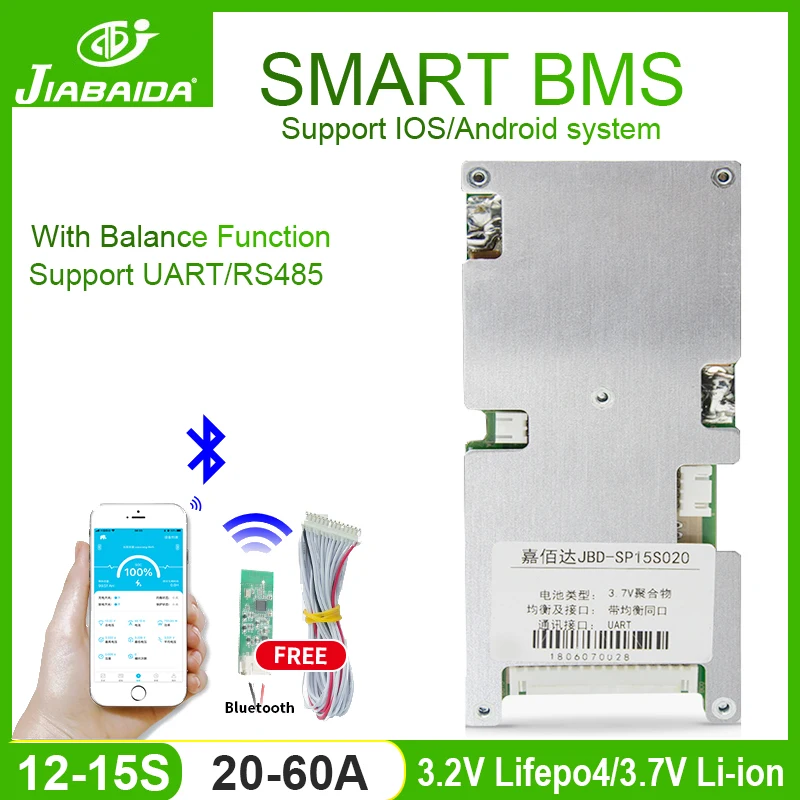 

JIABAIDA Smart BMS Board 12S 13S 14S 15S For 3.7V Li-Ion 3.2V Lifepo4 Battery Pack 20A 30A 40A 50A 60A With Balance Bluetooth