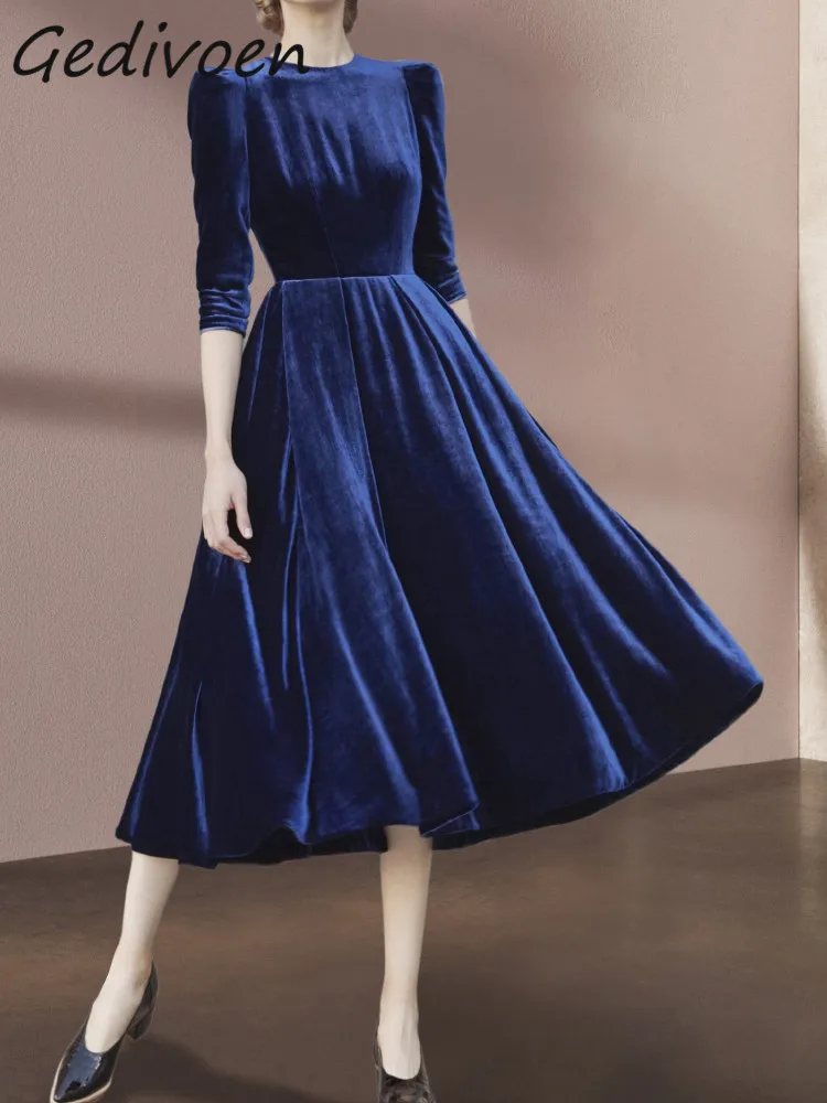 Gedivoen Autumn Fashion Designer Vintage Velvet Dress Women Round Collar 3/4 Sleeve Dark Blue High Waist Slim Ruched Midi Dress