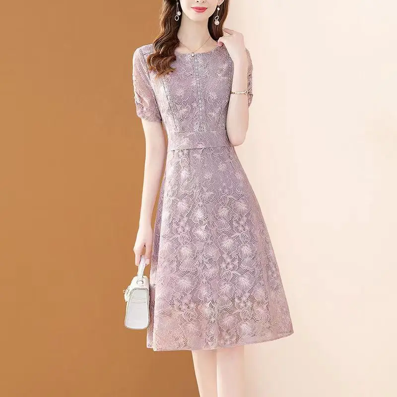 

COIGARSAM Women's Summer Dress 2022 New Lace O-Neck High Waist Konjac Purple Dresses Dropshipping