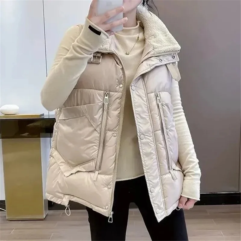 

Nice Pop Autumn Winter Fashion Lamb fur Collar Cotton Vest Women Jacket Sleeveless Parkas Coat Warm Ladies Waistcoat Female Tops