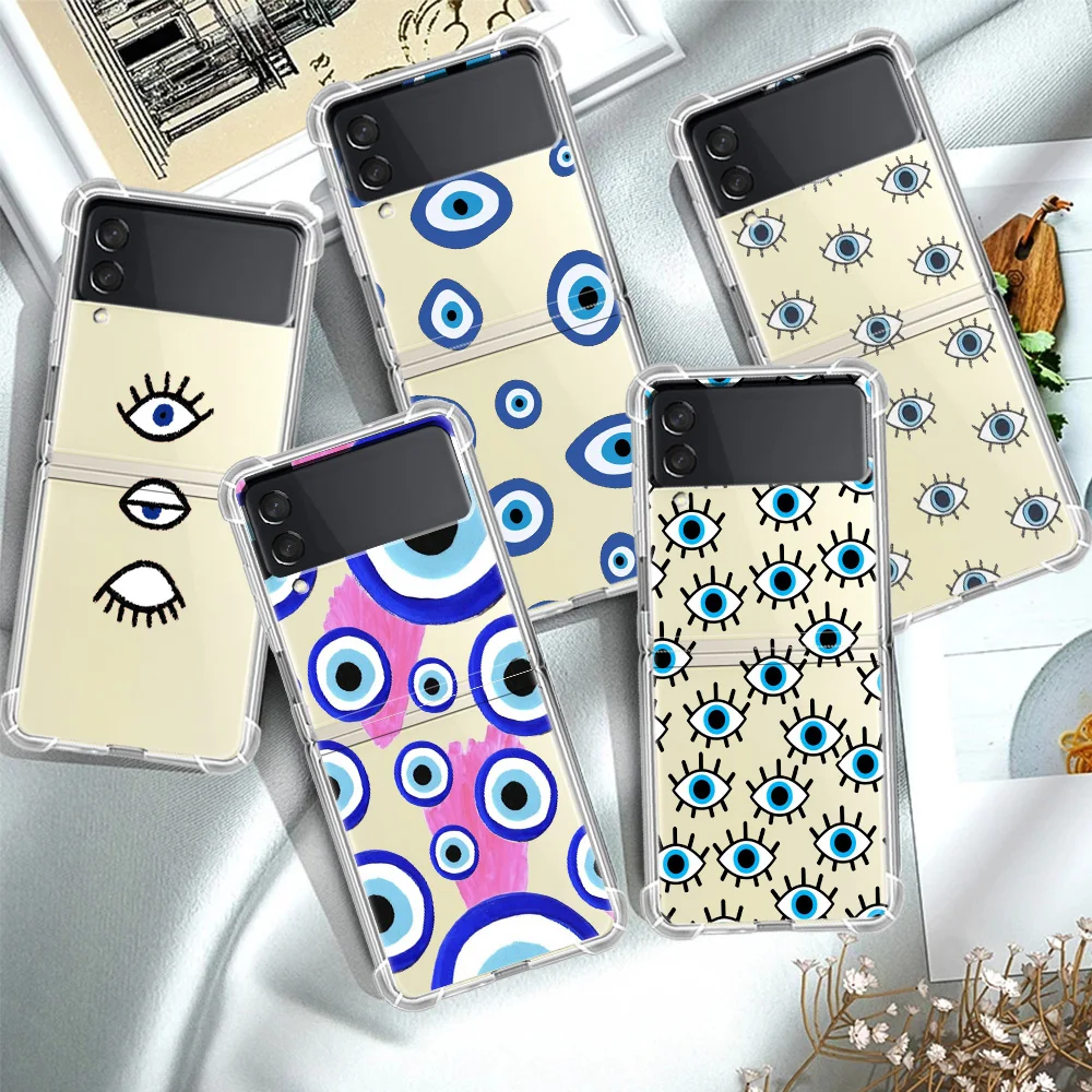 

Airbag Phone Case For Samsung Galaxy Z Flip3 Funda Cover For ZFlip 3 5G Celular Clear Transparent Coque Blue Evil Eye