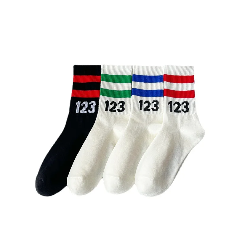 10 Pairs High Quality Cotton Women Striped Socks Middle Sports Casual Sweat Absorbing Breathable 123 Digital Cotton Autumn Socks