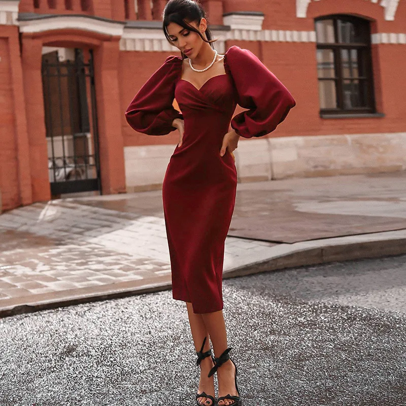 

Sexy V Neck Off Shoulder Bodycon Midi Dresses for Women Party Fashion Spring Lantern Sleeve Solid Slim Elegant Female Dresses