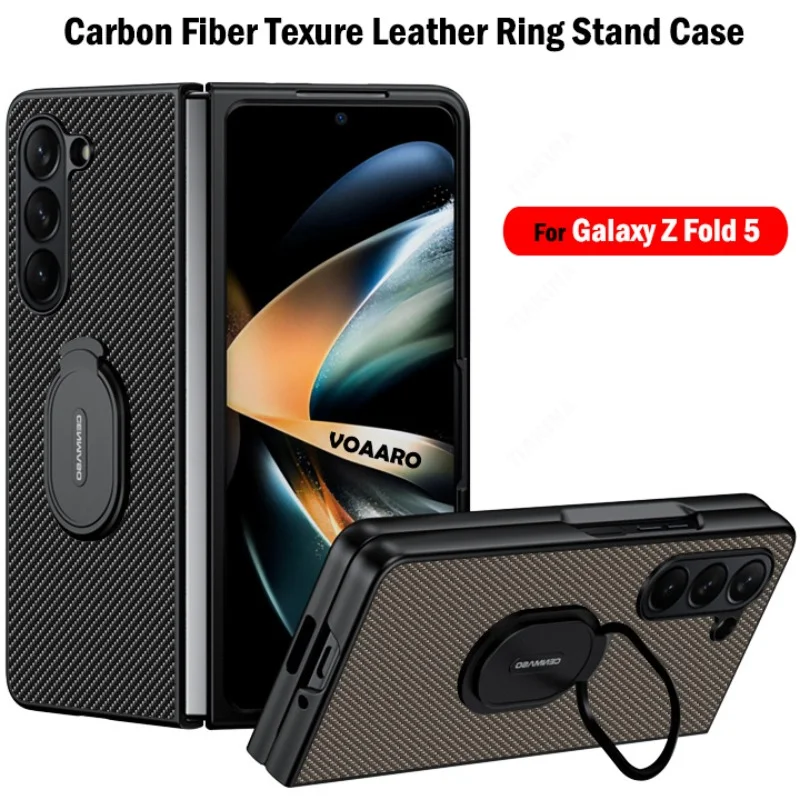

Ring Kickstand Funda for Samsung Galaxy Z Fold 5 5G Case Carbon Fiber Texture PU Leather Cover for Samsung Z Fold 5 Holder Case