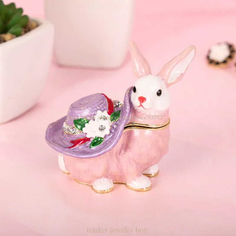 Rabbit with Floral Hat Trinket Boxes Hinged Enamel Hand-Painted Animals Ornaments Unique Gift