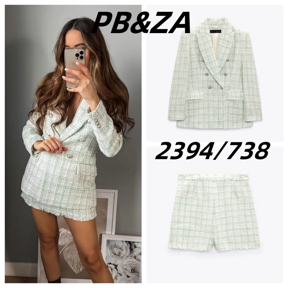 

PB&ZA 2023 Spring New Women's Textured Double-breasted Long-sleeved Suit Jacket High-waisted Shorts Two-piece Set 7553738